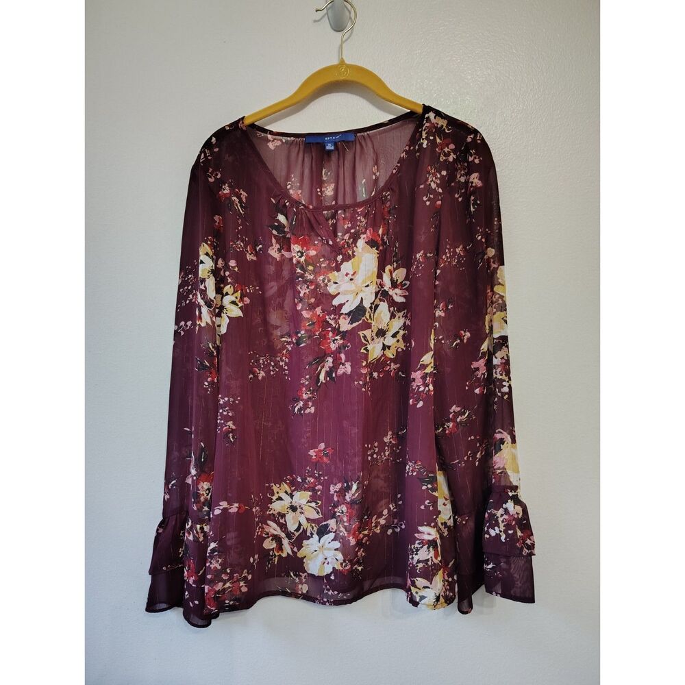 APT. 9 XL Burgundy Floral Sheer Blouse Bell Sleeve Split Neck Boho Career Top - Picture 2 of 6